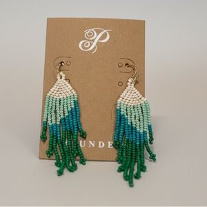 Plunder Beaded Fringe Statement Earrings Boho Teal Green Tassel Dangle Earrings